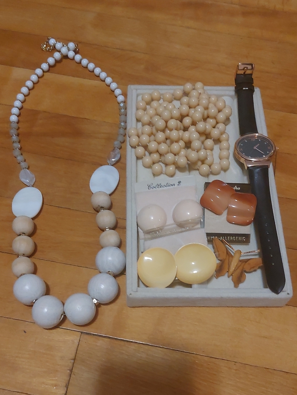 Vintage Boho Neutral Jewelry Lot - Rose Gold Watch, Wooden Beads & Earrings
